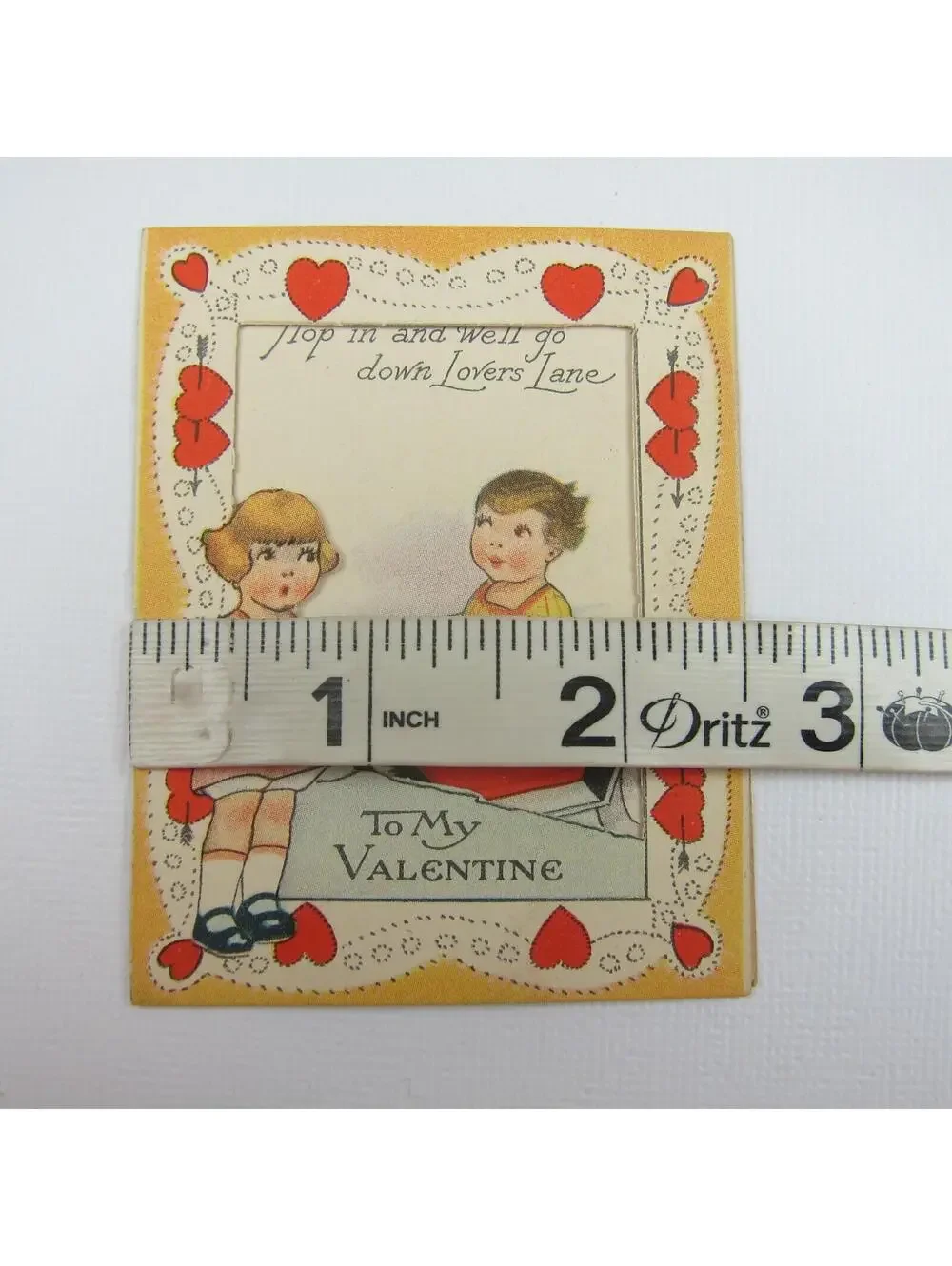 Vintage Valentine  Window Cutout Blonde Girl Boy Red Car Lovers Lane UNSIGNED
